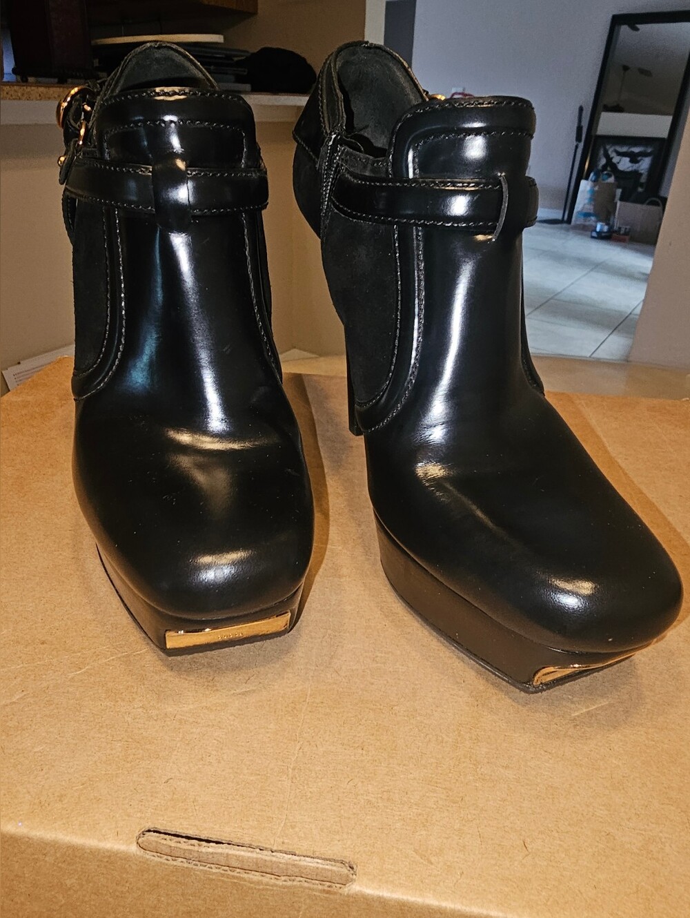 Gucci Black Patent Leather Ankle Booties with Gold Trim